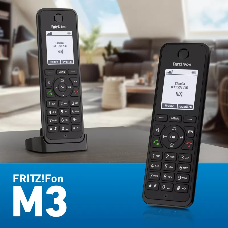 DECT tālrunis AVM FRITZ! Fon M3 International — bezvadu klausule, zvanītāja ID, skaļrunis, 1 klausule, 1000 ierakstu tālruņu grāmata