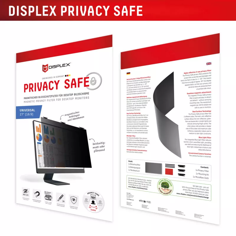 Displex PRIVACY SAFE noņemams divvirzienu privātuma filtrs galda monitoram 27'' (16:9)