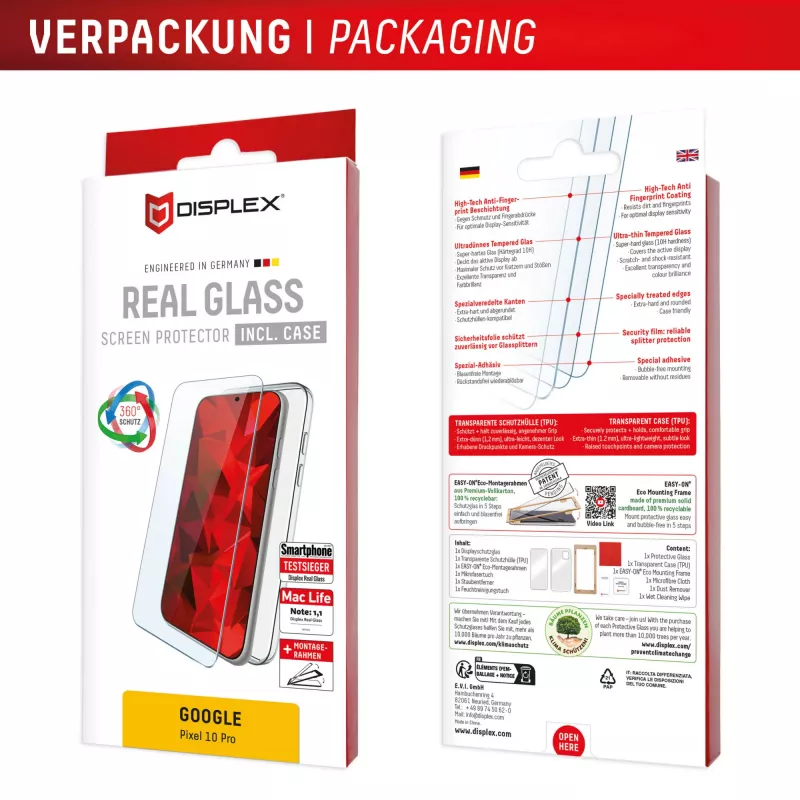 Displex Screen Protector + Case for Google Pixel 10 Pro, Eco montāžas rāmis, izturīgs pret skrāpējumiem