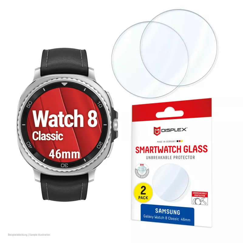 Ekrāna aizsargs e.v.i. Displex 9H Glass Galaxy Watch 8 (46 mm) — 2 gab., īpaši plāns, bezmalis, pret traipiem