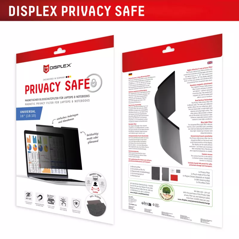 Privātuma filtrs e.v.i. Displex PRIVACY SAFE magnētisks 2 virzienu 16 collu (16:10) klēpjdatoram / piezīmjdatoram, bez rāmja, spīdīgs/matēts, 3H