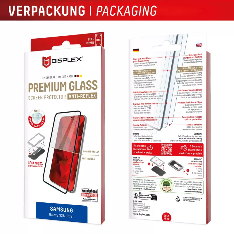 Displex Premium ekrāna aizsargstikls (pilns pārklājums, 10H) Samsung S26 Ultra, pilns pārklājums