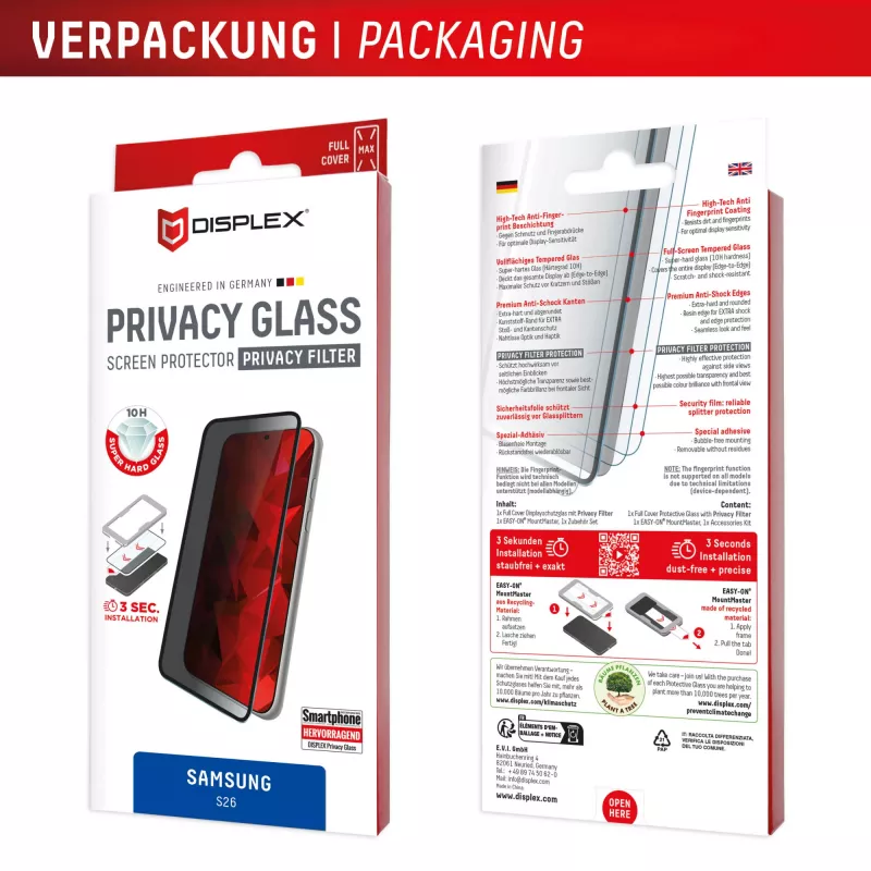 Displex Privātuma ekrāna aizsargstikls (10H) Samsung S26, privātuma filtrs