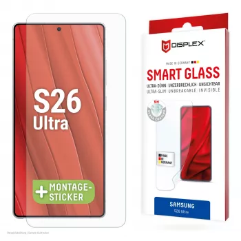 Displex Smart Glass (9H) priekš Samsung S26 Ultra, neplīstošs, Samsung, Galaxy S26 Ultra, Sausā uzlikšana, Izturīgs pret lūzumiem, Netīrumu atgrūdošs, Skrāpējumu izturīgs, Caurspīdīgs, 1 gab.