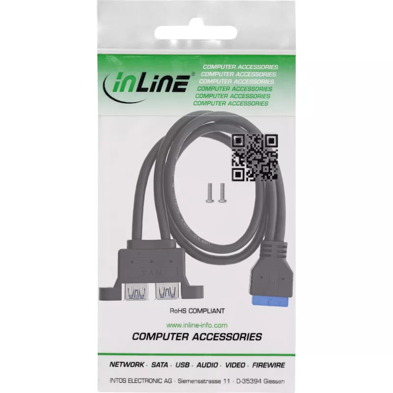 InLine 33390K iekšējais USB 3.2 Gen 1 kabelis, mātesplate uz 2x USB-A ligzda, 0,45 m