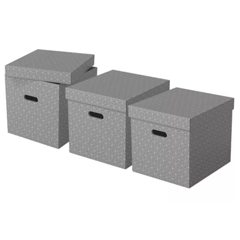 Esselte mājas uzglabāšanas kaste Kubs, 3 gab. iepakojumā, Kartons, Pelēks, 320 mm, 315 mm, 365 mm, 850 g