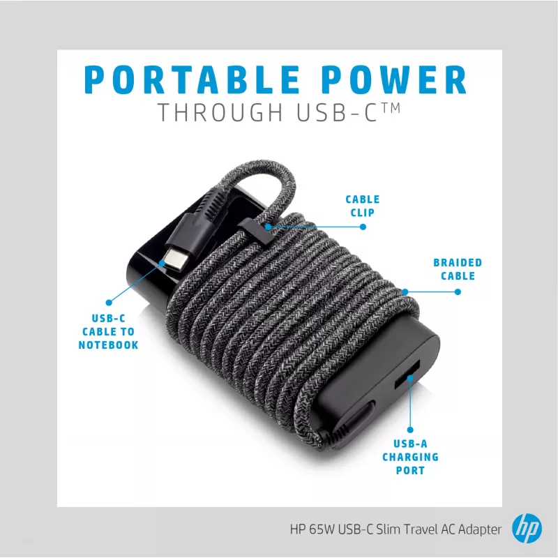 HP 65 W USB-C plāns ceļojumu barošanas adapteris, klēpjdatoram, universāls, 90 V, 47 - 63 Hz, 65 W, 20 V
