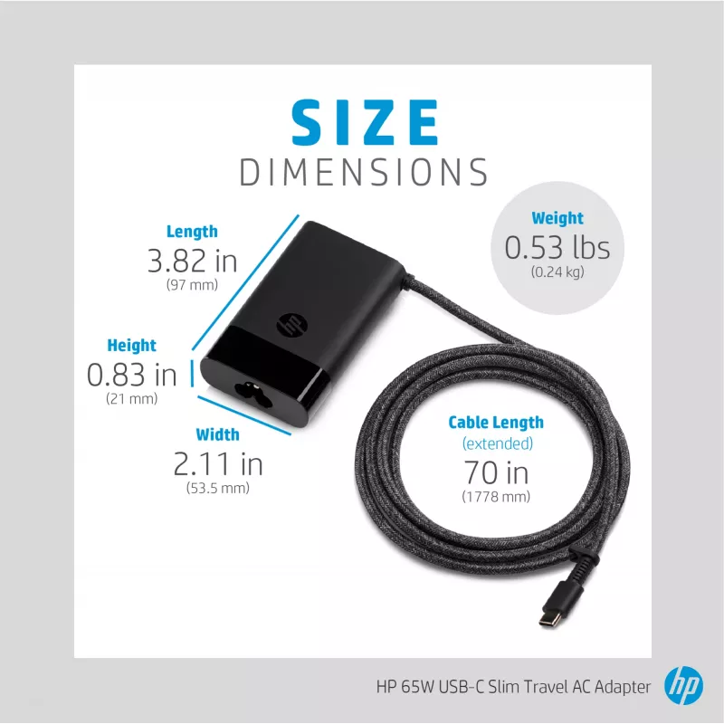 HP 65 W USB-C plāns ceļojumu barošanas adapteris, klēpjdatoram, universāls, 90 V, 47 - 63 Hz, 65 W, 20 V
