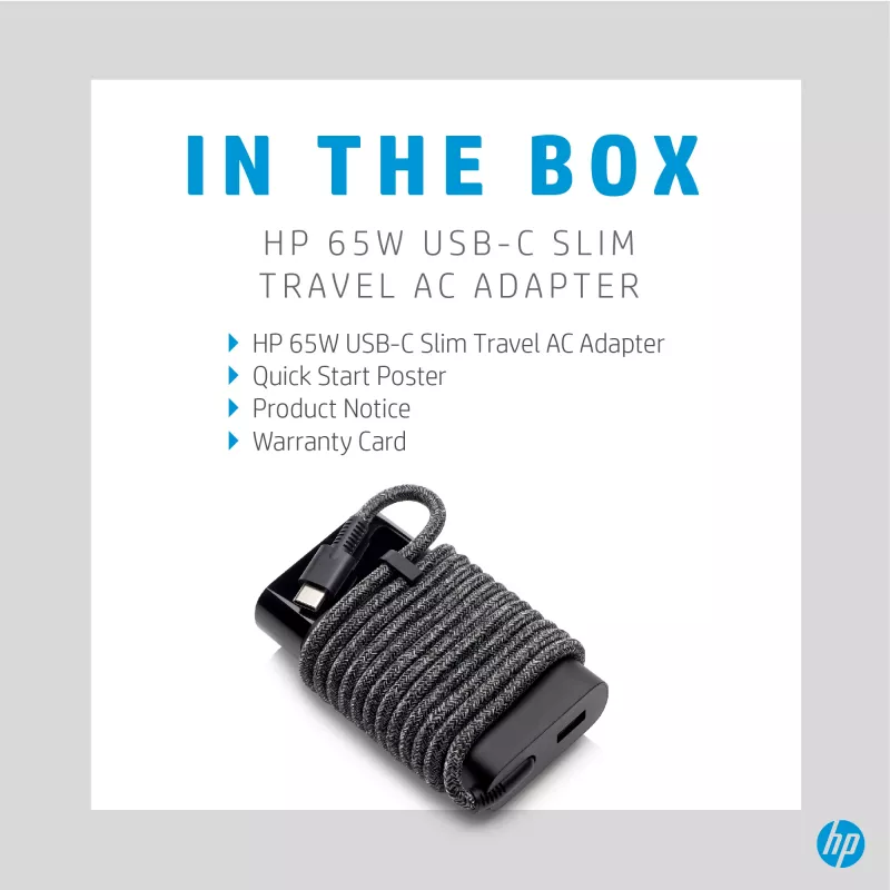 HP 65 W USB-C plāns ceļojumu barošanas adapteris, klēpjdatoram, universāls, 90 V, 47 - 63 Hz, 65 W, 20 V
