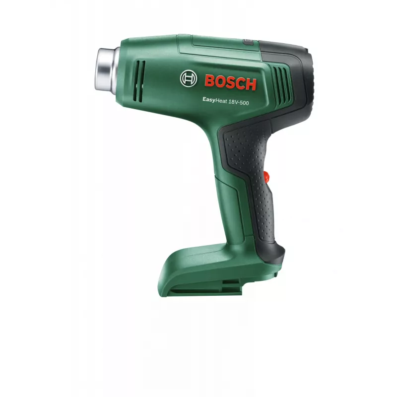 Karstā gaisa pistole Bosch EasyHeat 18V-500 — bezvada, 72 W, 4 Ah akumulators, 350–450 °C, pistoles rokturis, zaļa