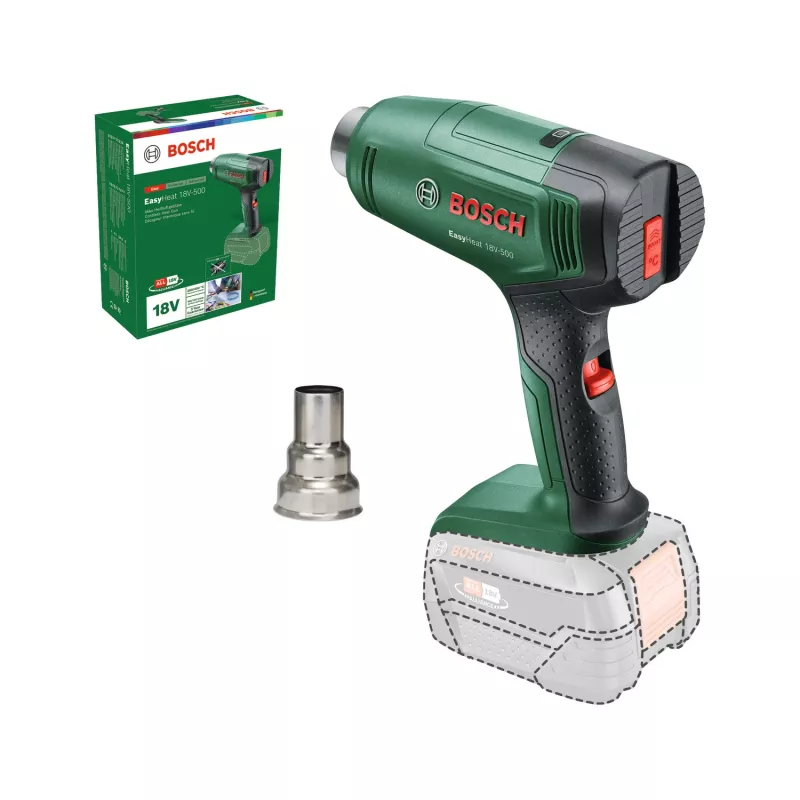Karstā gaisa pistole Bosch EasyHeat 18V-500 — bezvada, 72 W, 4 Ah akumulators, 350–450 °C, pistoles rokturis, zaļa
