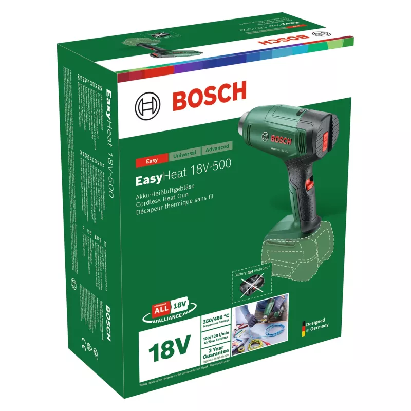 Karstā gaisa pistole Bosch EasyHeat 18V-500 — bezvada, 72 W, 4 Ah akumulators, 350–450 °C, pistoles rokturis, zaļa