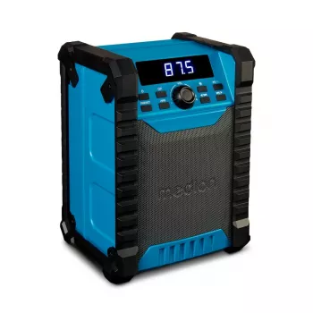 Pārnēsājamais digitālais radio MEDION LIFE E65895 (MD 43895) — PLL uztvērējs, 10 W RMS, LCD, Bluetooth 10 m, IP54, ārējā antena, melns/zils