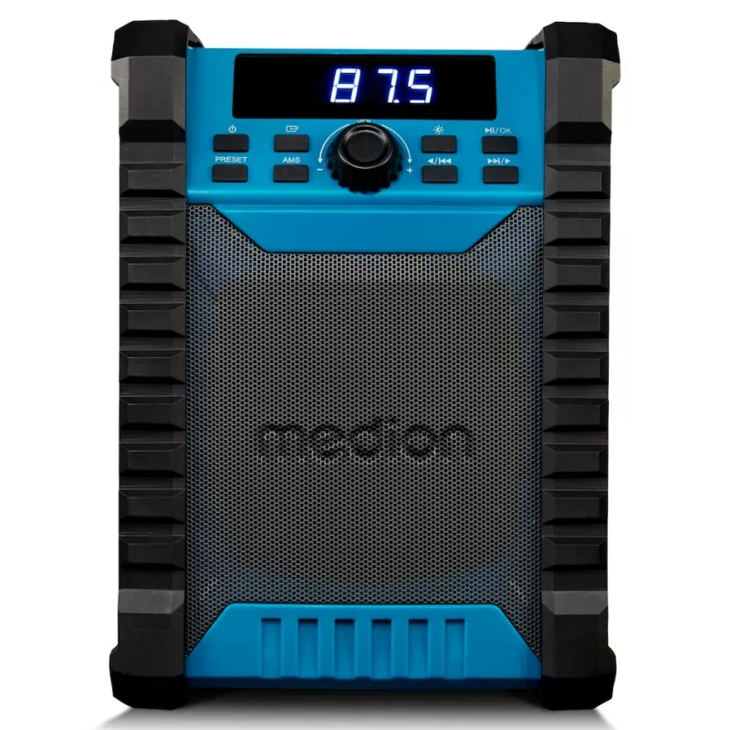 Pārnēsājamais digitālais radio MEDION LIFE E65895 (MD 43895) — PLL uztvērējs, 10 W RMS, LCD, Bluetooth 10 m, IP54, ārējā antena, melns/zils