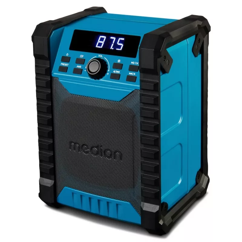 Pārnēsājamais digitālais radio MEDION LIFE E65895 (MD 43895) — PLL uztvērējs, 10 W RMS, LCD, Bluetooth 10 m, IP54, ārējā antena, melns/zils