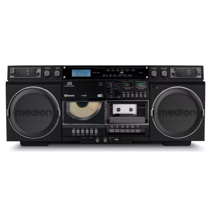 Mūzikas sistēma MEDION LIFE P66538 — 20 W, 2-ceļu skaļruņi, DAB+/FM/PLL, Bluetooth, LCD displejs, melna
