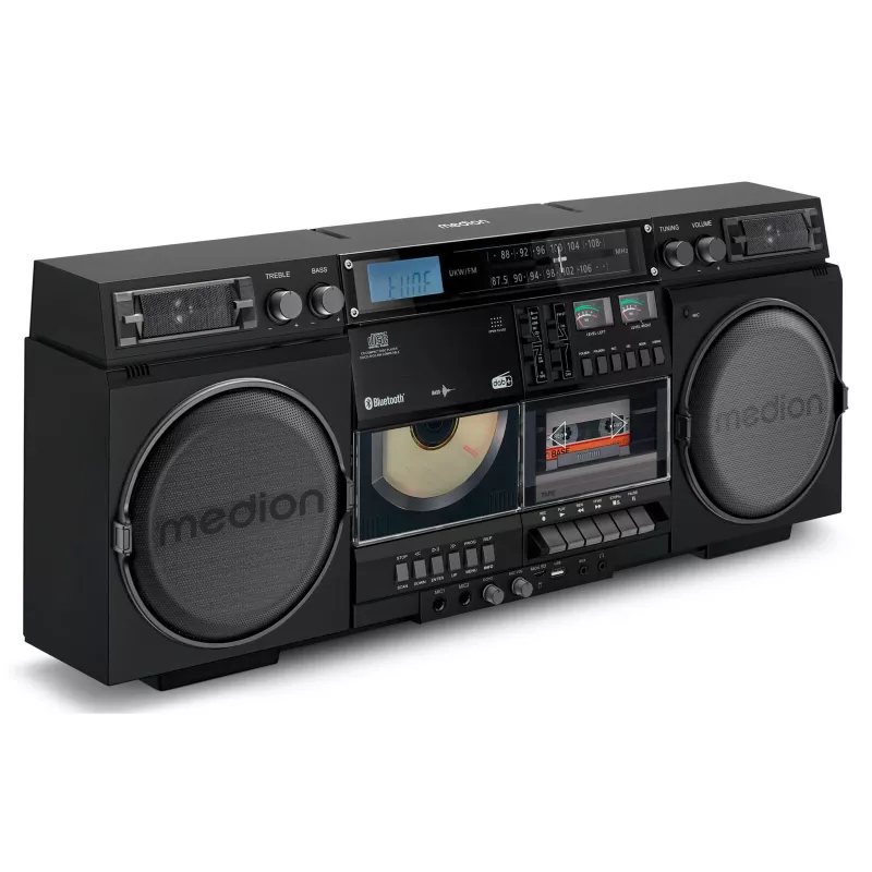 Mūzikas sistēma MEDION LIFE P66538 — 20 W, 2-ceļu skaļruņi, DAB+/FM/PLL, Bluetooth, LCD displejs, melna