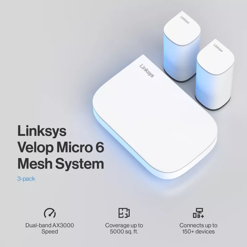 Linksys Velop Micro 6 Mesh sistēma – divjoslu WiFi 6 AX3000 (3 gab. komplekts)