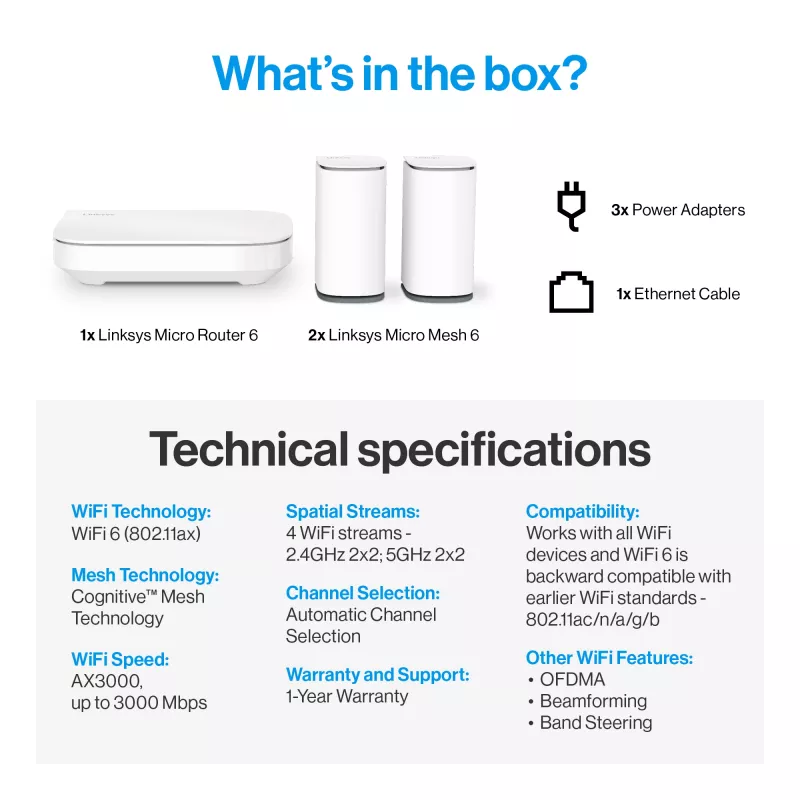 Linksys Velop Micro 6 Mesh sistēma – divjoslu WiFi 6 AX3000 (3 gab. komplekts)