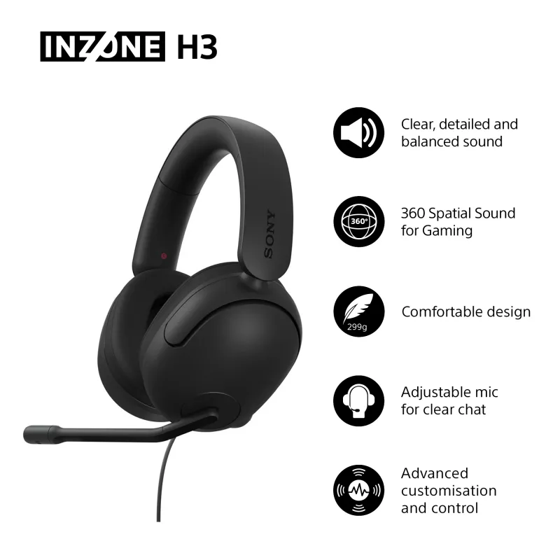 Vadu austiņas, kas nosedz ausis, Sony INZONE H3 — melnas, modelis MDRG300B.CE7