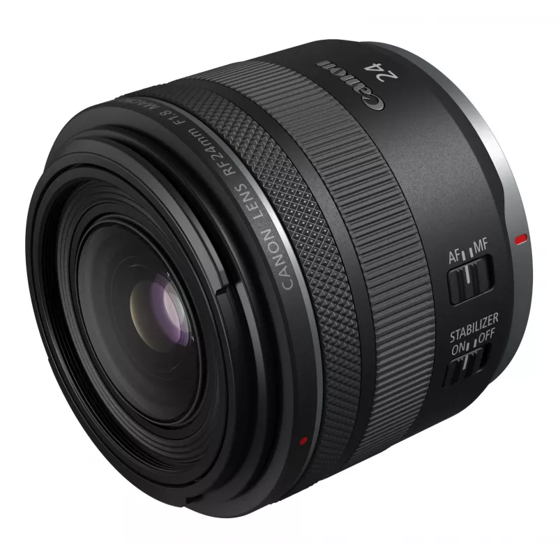 Canon platleņķa RF 24 mm F1.8 Macro IS STM kameras objektīvi, melni