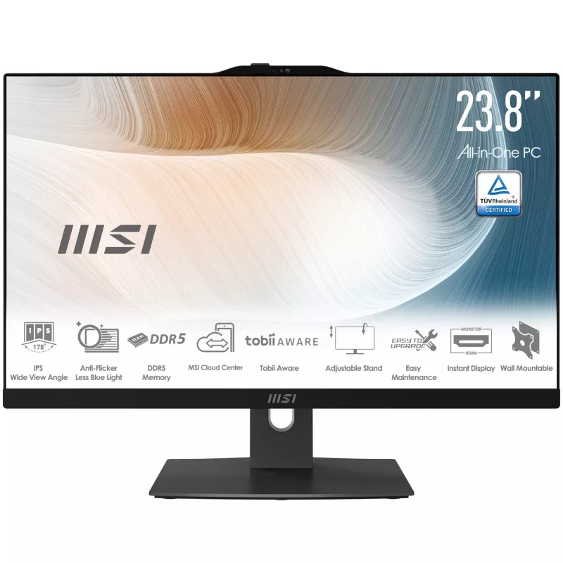 MSI Modern AM242TP 1M-1230EU Intel Core 3 100U 60.5 cm (23.8 inch) 1920 x 1080 pikseļi Skārienekrāns Viss-vienā dators 8 GB DDR5-SDRAM 256 GB SSD Windows 11 Pro Wi-Fi 6E (802.11ax) Melns