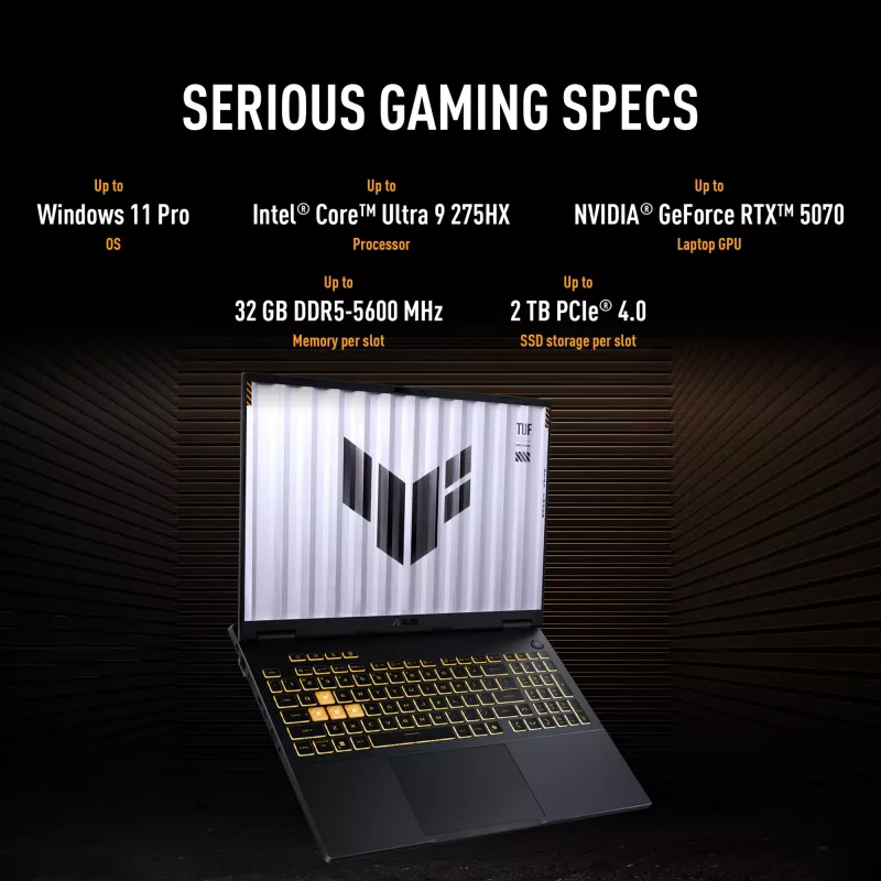 ASUS TUF Gaming F16 FX608JPR-QT014W Intel® Core™ i7 i7-14650HX klēpjdators 40.6 cm (16 collas) WQXGA 32 GB DDR5-SDRAM 1 TB SSD NVIDIA GeForce RTX 5070 Wi-Fi 6E (802.11ax) Windows 11 Home holandiešu Melns, Pelēks