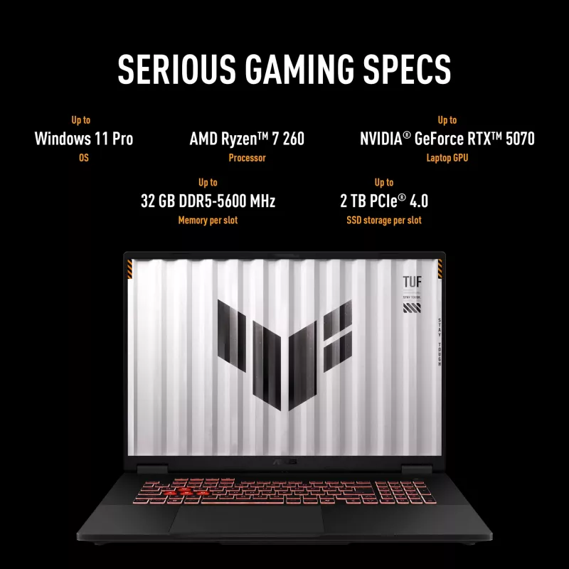 ASUS TUF Gaming A18 FA808UH-S8076W AMD Ryzen™ 7 260 Klēpjdators 45,7 cm (18 collas) Full HD+ 16 GB DDR5-SDRAM 512 GB SSD NVIDIA® GeForce RTX™ 5050 Wi-Fi 6E (802.11ax) Windows 11 Home Dutch pelēka