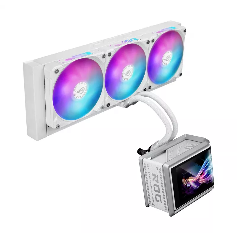 Šķidruma dzesēšanas sistēma ASUS ROG Ryuo IV SLC 360 ARGB balta Edition — 360 mm radiators, 3×120 mm ventilatori, AMOLED displejs, LGA 1700 atbalsts