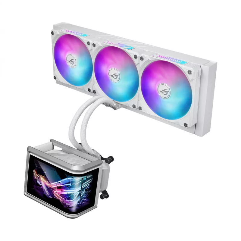 Šķidruma dzesēšanas sistēma ASUS ROG Ryuo IV SLC 360 ARGB balta Edition — 360 mm radiators, 3×120 mm ventilatori, AMOLED displejs, LGA 1700 atbalsts