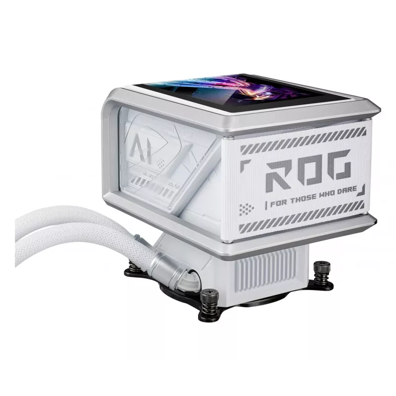 Šķidruma dzesēšanas sistēma ASUS ROG Ryuo IV SLC 360 ARGB balta Edition — 360 mm radiators, 3×120 mm ventilatori, AMOLED displejs, LGA 1700 atbalsts