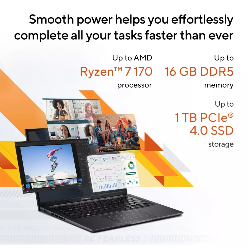 ASUS Vivobook 14 M1405NAQ-LY025W AMD Ryzen™ 7 170 klēpjdators 35,6 cm (14 collu) WUXGA 16 GB DDR5-SDRAM 512 GB SSD Wi-Fi 6 (802.11ax) Windows 11 Home holandiešu melna