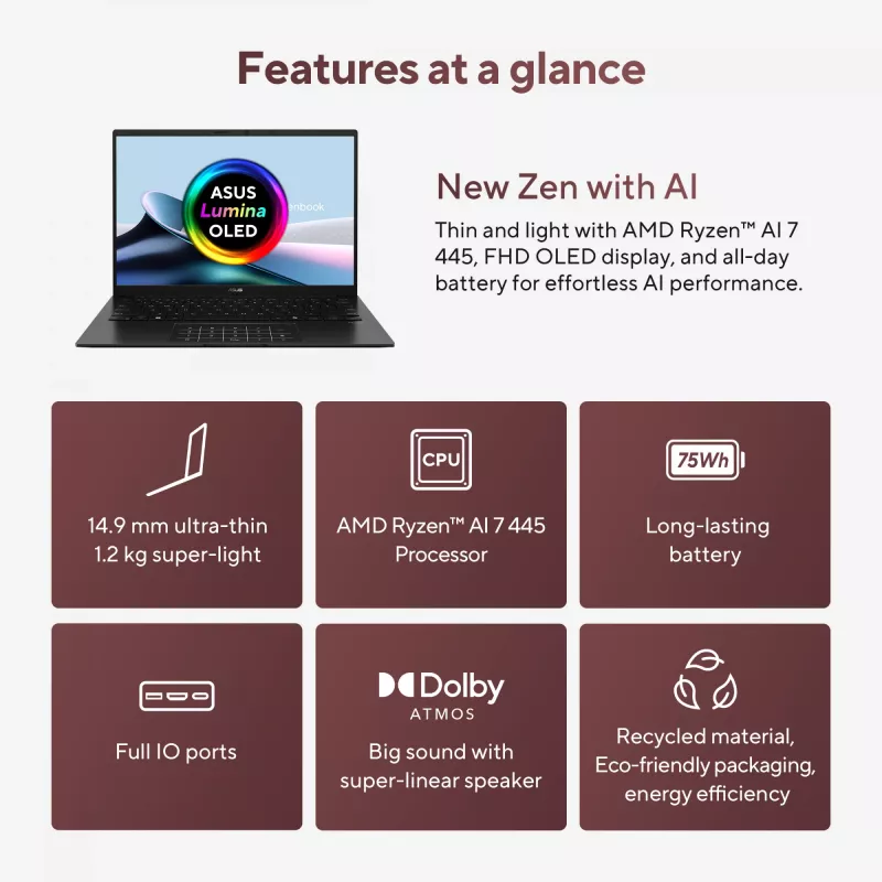 ASUS Zenbook 14 OLED UM3406GA-QD031W Copilot+ PC AMD Ryzen™ AI 7 445 klēpjdators 35,6 cm (14 collas) WUXGA 32 GB LPDDR5x-SDRAM 1 TB SSD Wi-Fi 6E (802.11ax) Windows 11 Home holandiešu melns