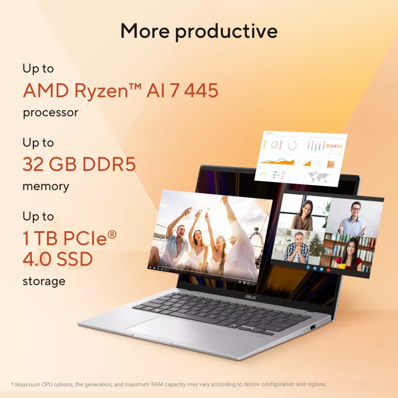 ASUS Vivobook 14 M1407GA-LY012W Copilot+ PC AMD Ryzen™ AI 7 445 klēpjdators 35,6 cm (14 collas) WUXGA 16 GB DDR5-SDRAM 512 GB SSD Wi-Fi 6 (802.11ax) Windows 11 Home holandiešu sudraba