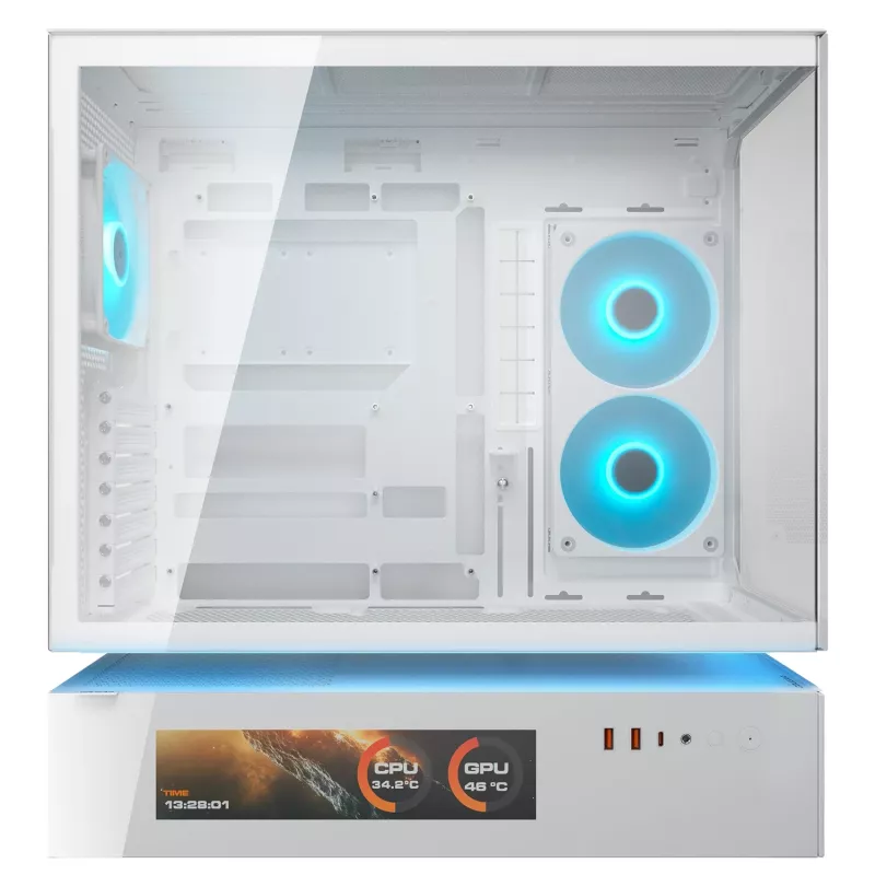 COUGAR CFV235 Vision midi tower PC korpuss — ARGB, 9,16 collu (23,3 cm) LCD, rūdīts stikls, balts, atbalsta ATX/Micro-ITX, 2x3,5 collu + 2x2,5 collu