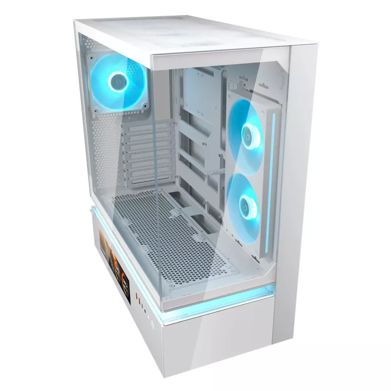 COUGAR CFV235 Vision midi tower PC korpuss — ARGB, 9,16 collu (23,3 cm) LCD, rūdīts stikls, balts, atbalsta ATX/Micro-ITX, 2x3,5 collu + 2x2,5 collu