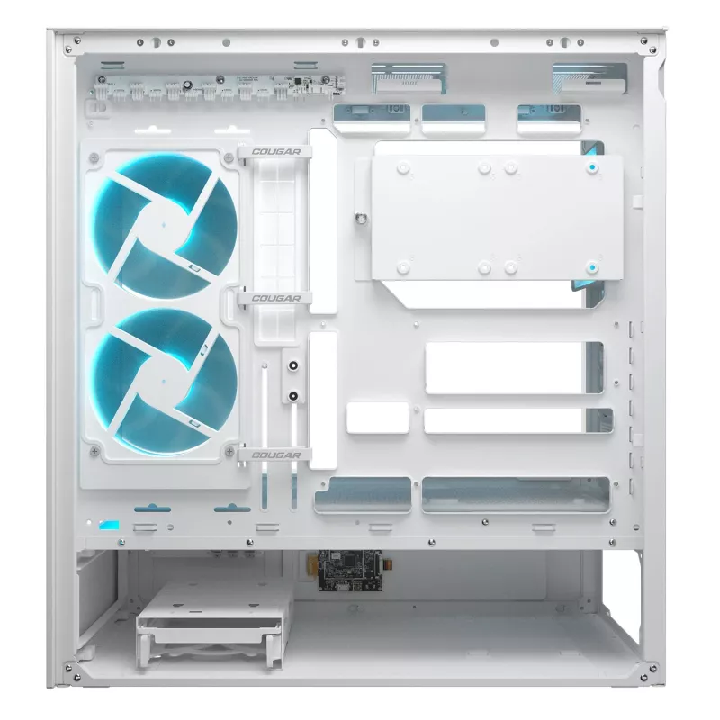COUGAR CFV235 Vision midi tower PC korpuss — ARGB, 9,16 collu (23,3 cm) LCD, rūdīts stikls, balts, atbalsta ATX/Micro-ITX, 2x3,5 collu + 2x2,5 collu