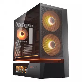 COUGAR PC Midi Tower Case CFV235 Vision — ARGB, 9,16 collas (23,3 cm) LCD 1920×462, sieta, priekšā 2×160 mm, aizmugurē 1×120 mm, melns