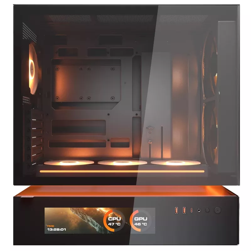 COUGAR PC Midi Tower Case CFV235 Vision — ARGB, 9,16 collas (23,3 cm) LCD 1920×462, sieta, priekšā 2×160 mm, aizmugurē 1×120 mm, melns