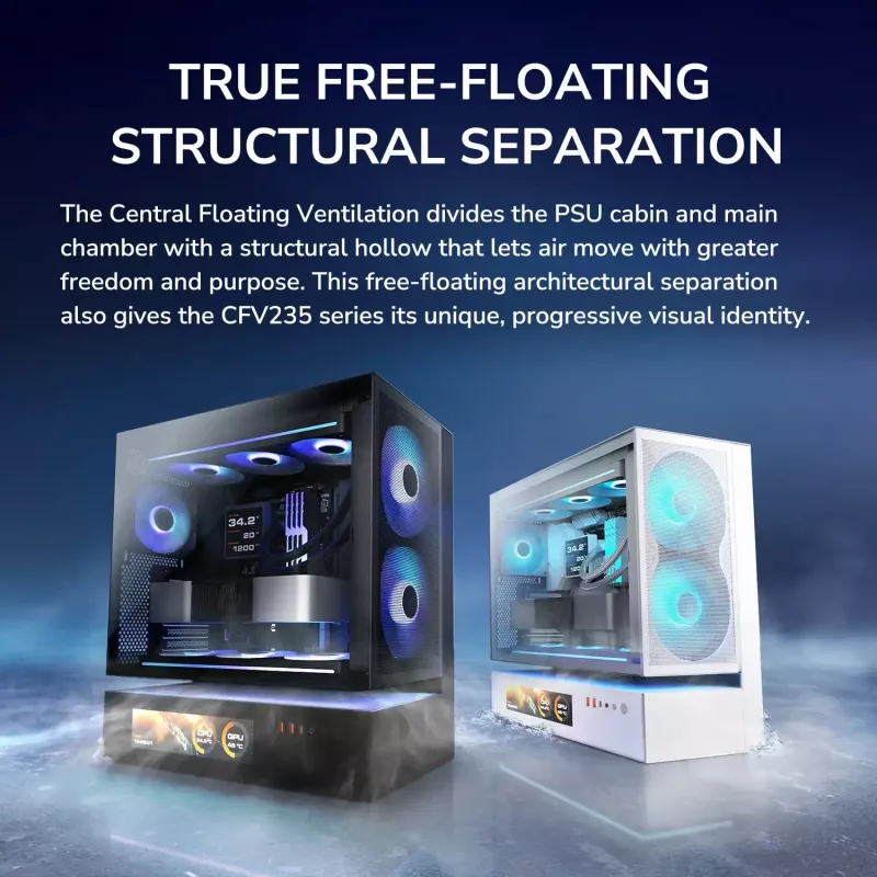 COUGAR PC Midi Tower Case CFV235 Vision — ARGB, 9,16 collas (23,3 cm) LCD 1920×462, sieta, priekšā 2×160 mm, aizmugurē 1×120 mm, melns