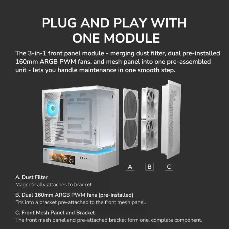 COUGAR PC Midi Tower Case CFV235 Vision — ARGB, 9,16 collas (23,3 cm) LCD 1920×462, sieta, priekšā 2×160 mm, aizmugurē 1×120 mm, melns