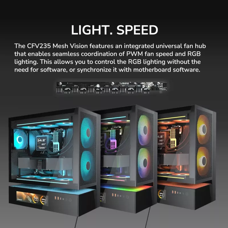 COUGAR PC Midi Tower Case CFV235 Vision — ARGB, 9,16 collas (23,3 cm) LCD 1920×462, sieta, priekšā 2×160 mm, aizmugurē 1×120 mm, melns