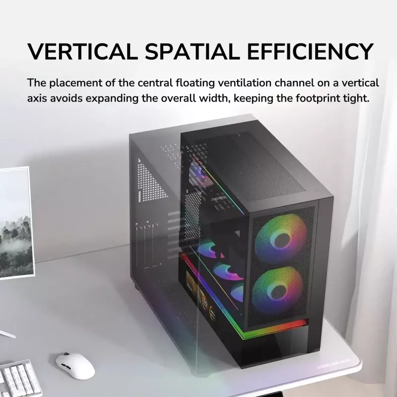 COUGAR PC Midi Tower Case CFV235 Vision — ARGB, 9,16 collas (23,3 cm) LCD 1920×462, sieta, priekšā 2×160 mm, aizmugurē 1×120 mm, melns