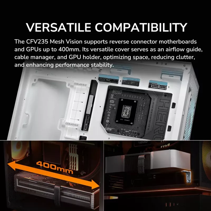 COUGAR PC Midi Tower Case CFV235 Vision — ARGB, 9,16 collas (23,3 cm) LCD 1920×462, sieta, priekšā 2×160 mm, aizmugurē 1×120 mm, melns