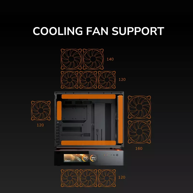 COUGAR PC Midi Tower Case CFV235 Vision — ARGB, 9,16 collas (23,3 cm) LCD 1920×462, sieta, priekšā 2×160 mm, aizmugurē 1×120 mm, melns