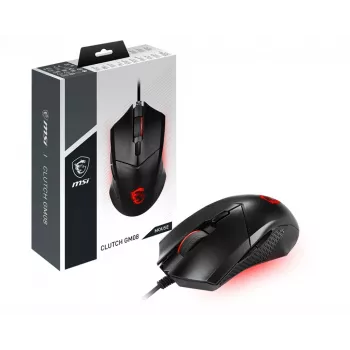 MSI CLUTCH GM08 optiskā spēļu pele '4200 DPI optiskais sensors, 6 programmējamas pogas, simetrisks dizains, izturīgs slēdzis ar vairāk nekā 10 miljoniem klikšķu, regulējams svars, sarkana LED'