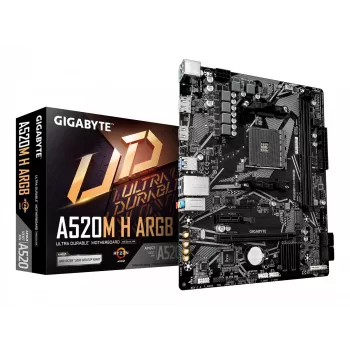 GIGABYTE A520M H ARGB mātesplate - atbalsta AMD Ryzen 5000 sērijas CPU, līdz 5100MHz DDR4 (OC), PCIe 3.0 x4 M.2, 1 GbE LAN, USB 3.2 Gen 1