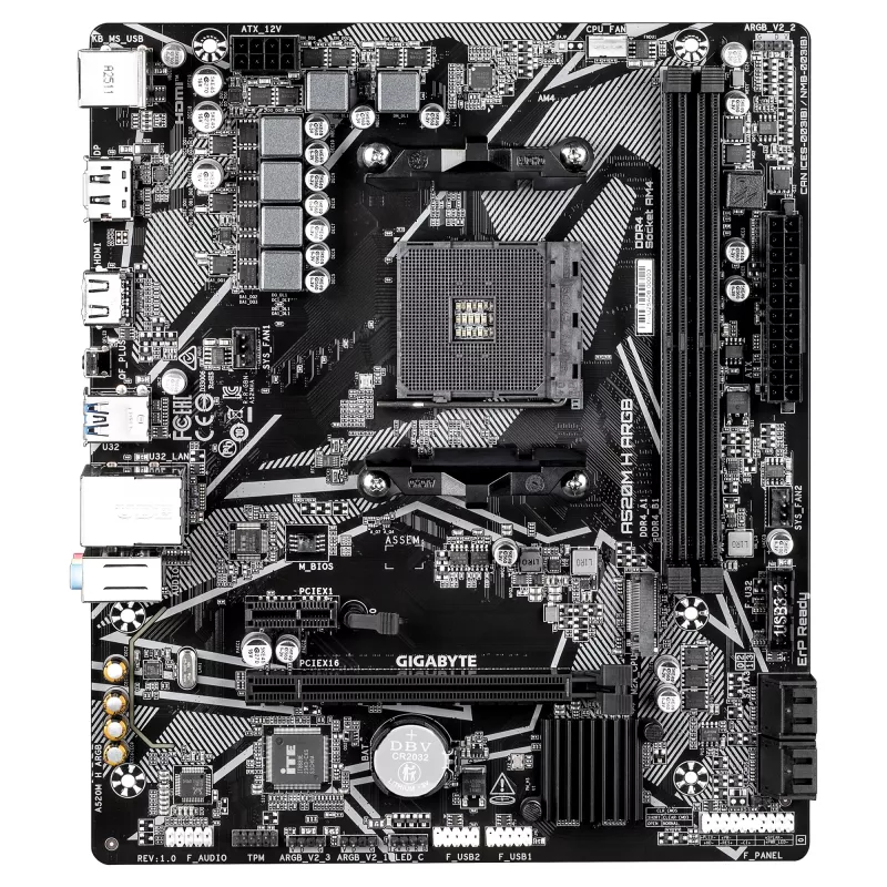 GIGABYTE A520M H ARGB mātesplate - atbalsta AMD Ryzen 5000 sērijas CPU, līdz 5100MHz DDR4 (OC), PCIe 3.0 x4 M.2, 1 GbE LAN, USB 3.2 Gen 1