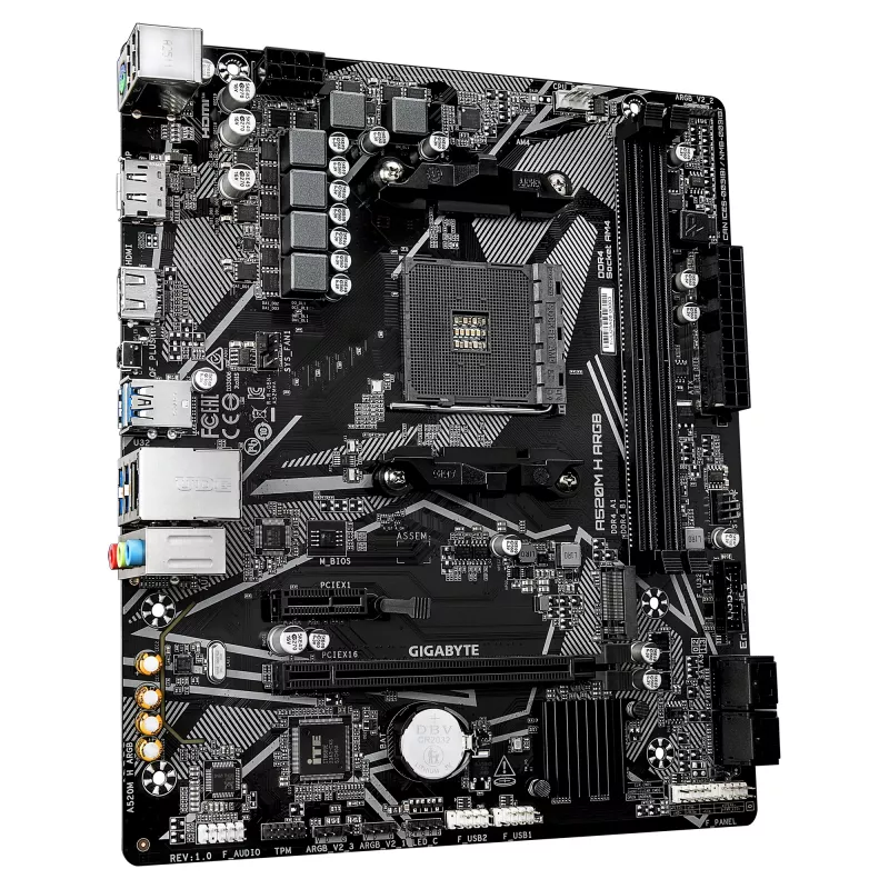 GIGABYTE A520M H ARGB mātesplate - atbalsta AMD Ryzen 5000 sērijas CPU, līdz 5100MHz DDR4 (OC), PCIe 3.0 x4 M.2, 1 GbE LAN, USB 3.2 Gen 1