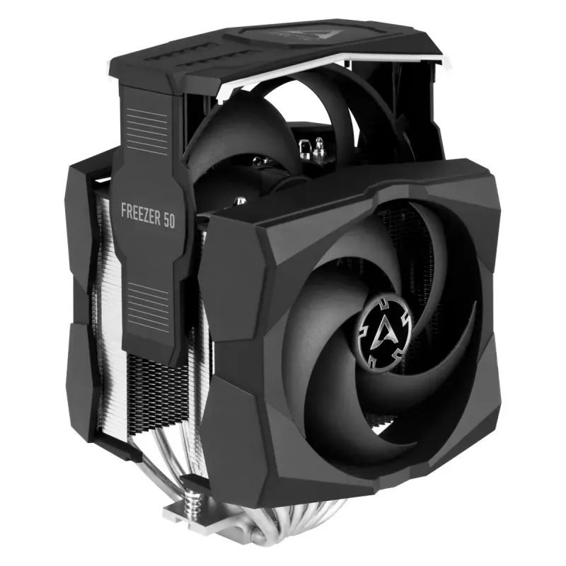 ARCTIC Freezer 50 ar A-RGB kontrolieri - daudzsaderīgs divtorņu CPU dzesētājs ar A-RGB apgaismojumu